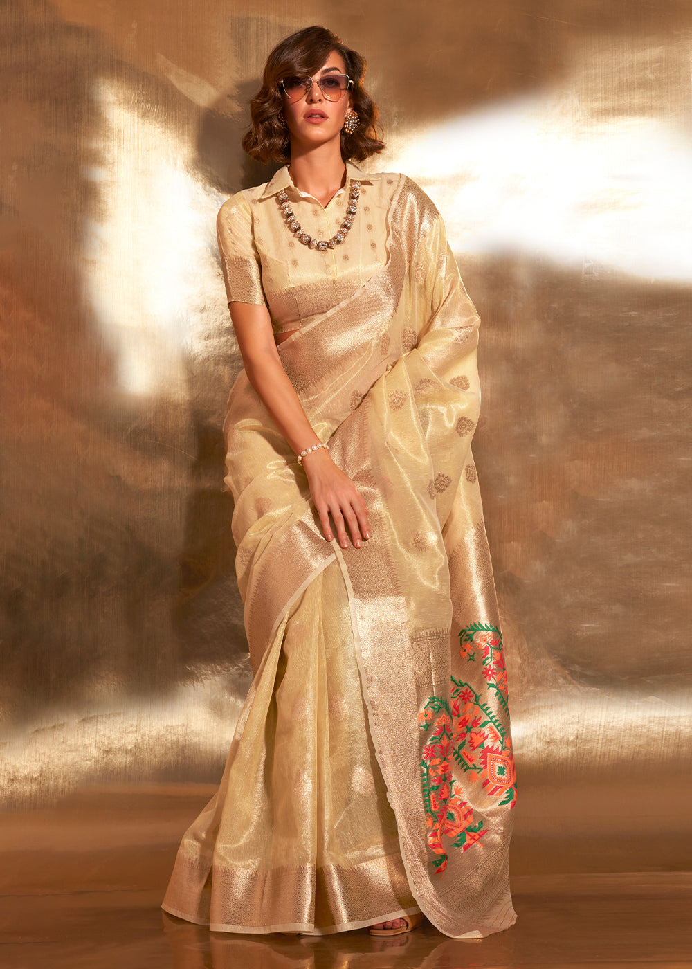 Flax Yellow Zari Woven Tissue Silk Saree Having Paithani Pallu