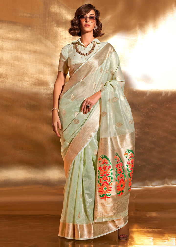 Cool Green Zari Woven Tissue Silk Saree Having Paithani Pallu