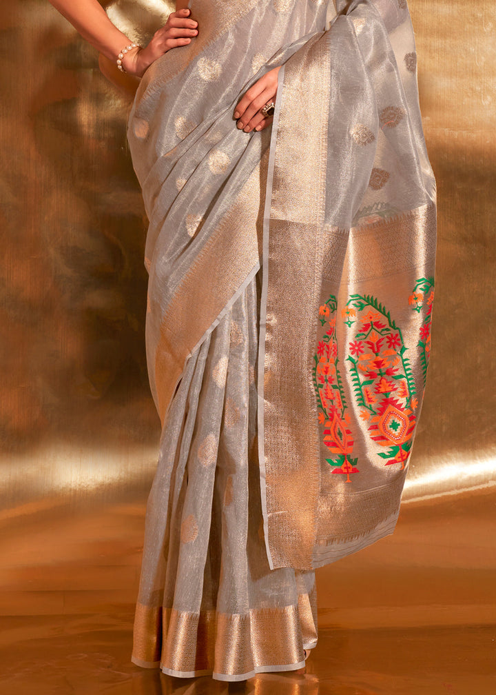 Coin Grey Zari Woven Tissue Silk Saree Having Paithani Pallu