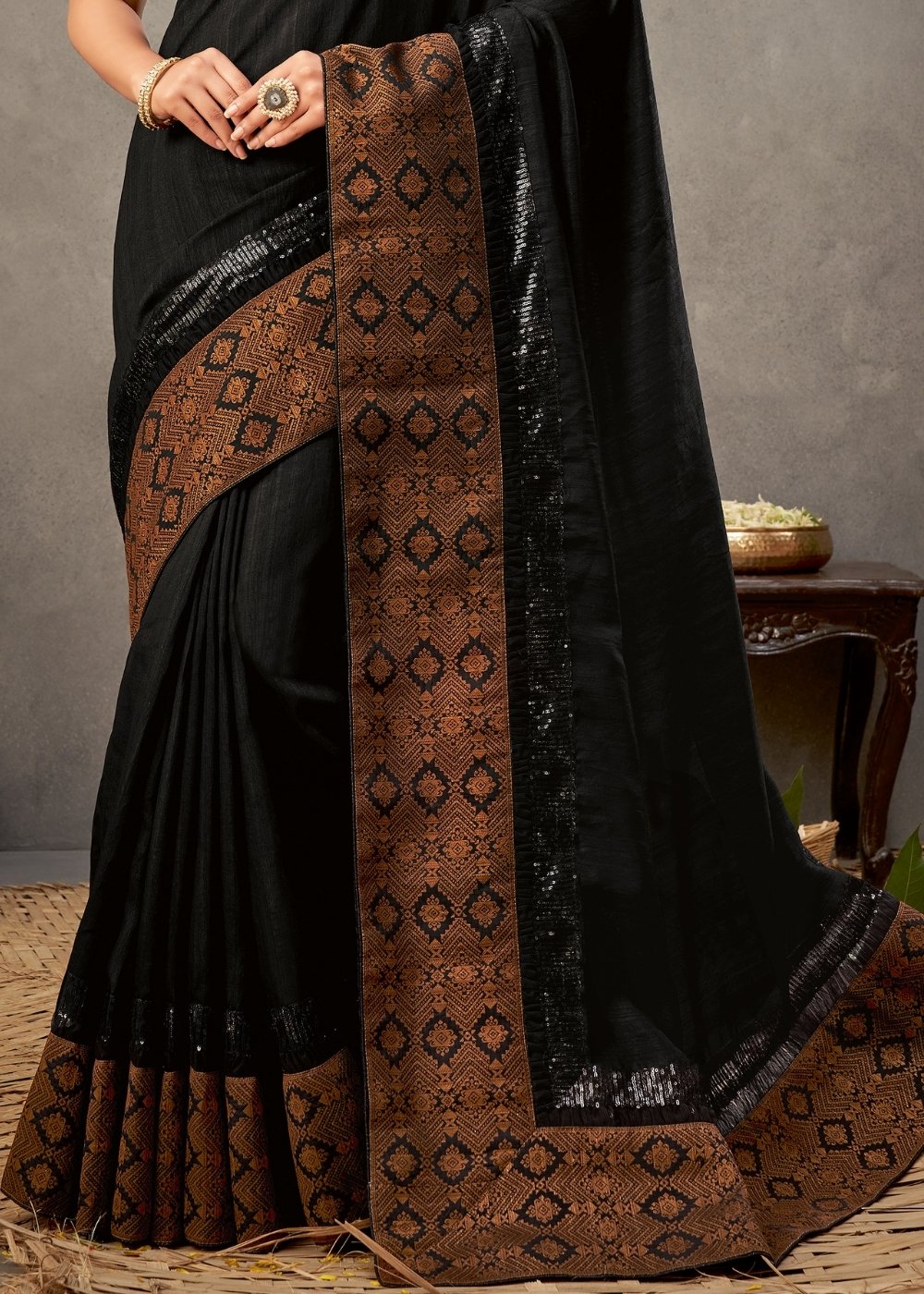 Onyx Black Tussar Silk Saree with Thread & Sequins Embroidery