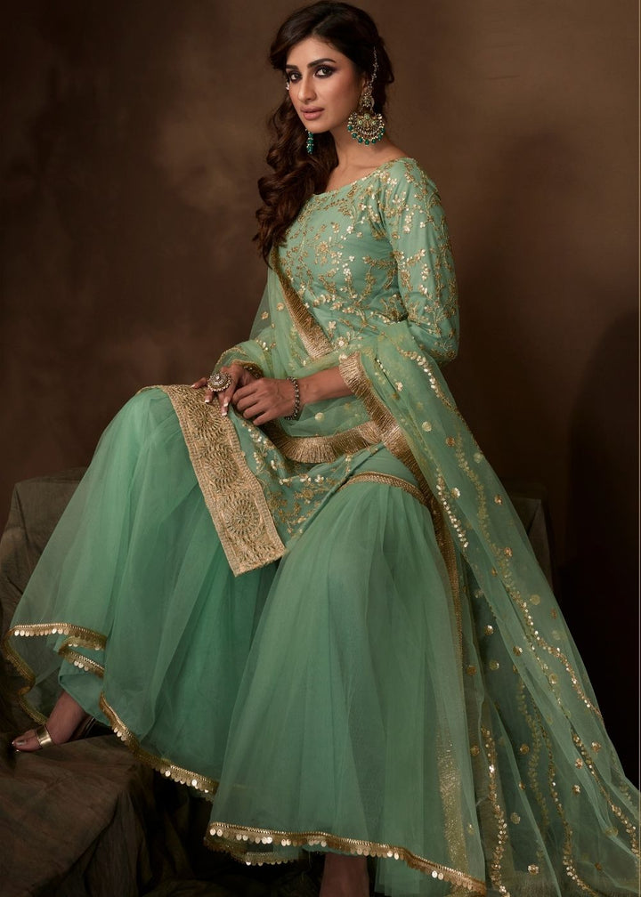 Mint Green Designer Soft Net Sharara Suit with Sequin and Zari work