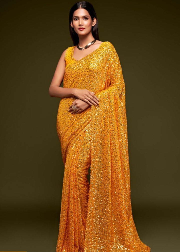 Golden Yellow Sequins & Thread Embroidered Designer Georgette Saree