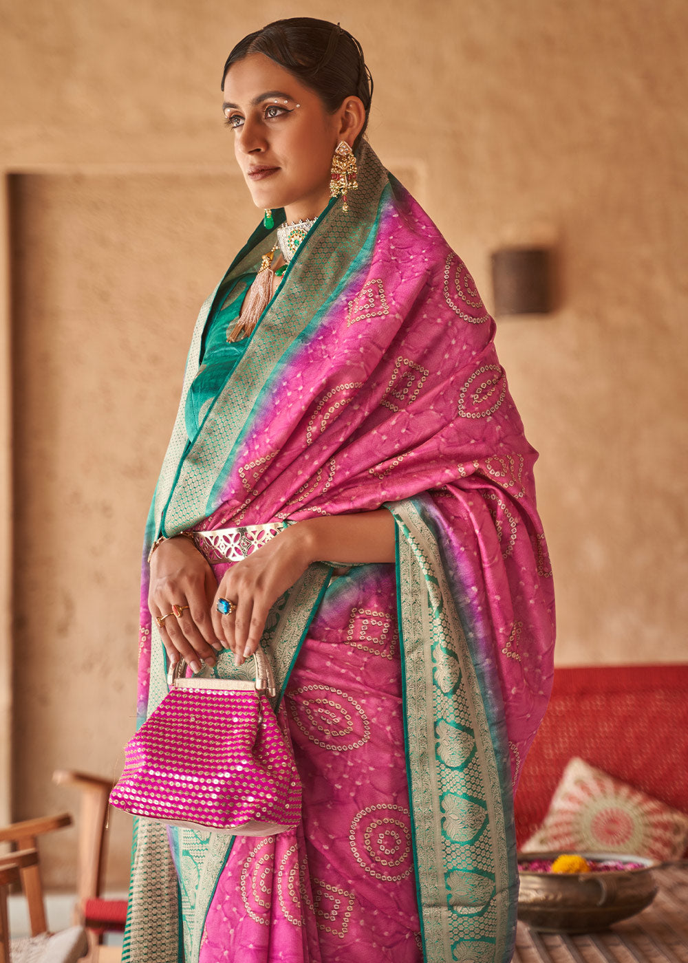 Fuschia Pink Bandhani Design Silk Saree with Jacquard Border & Pallu