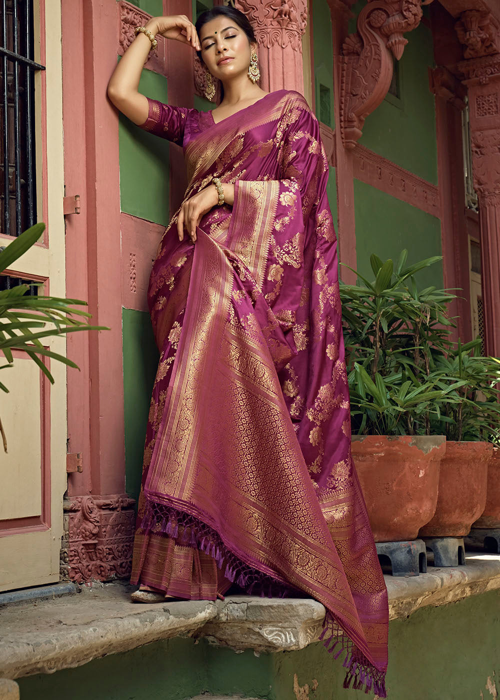 Dark Magenta Purple Woven Designer Satin Silk Saree