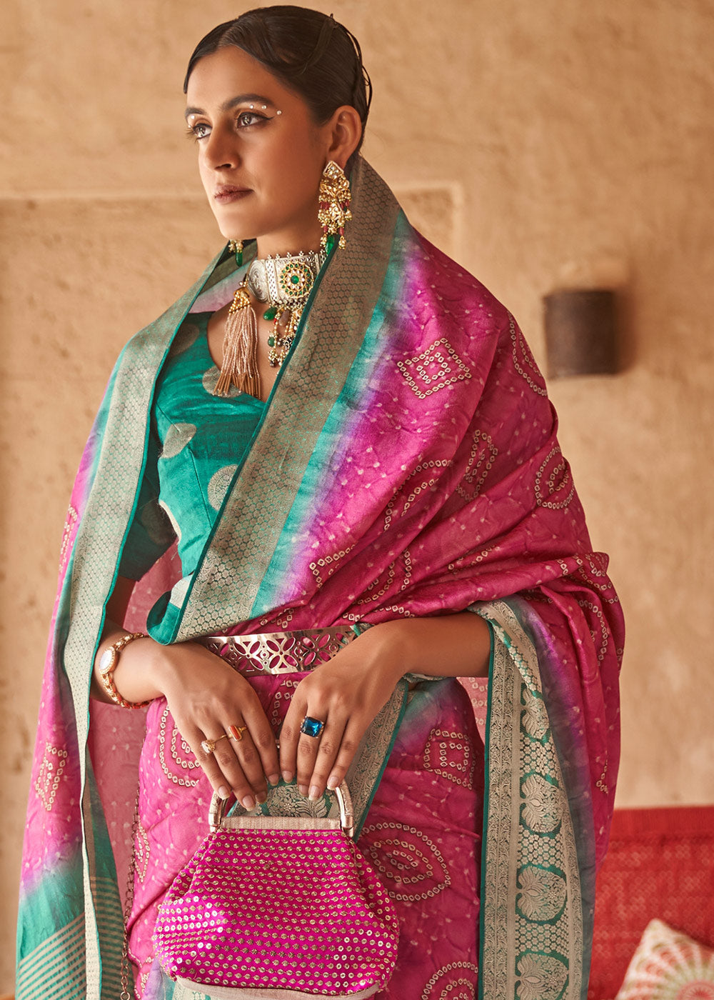 Fuschia Pink Bandhani Design Silk Saree with Jacquard Border & Pallu