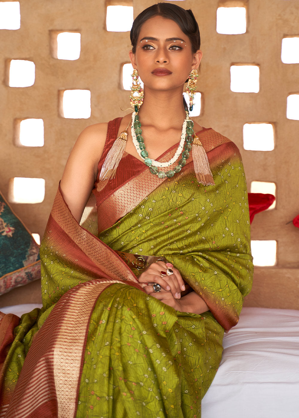 Avocado Green Bandhani Design Silk Saree with Jacquard Border & Pallu