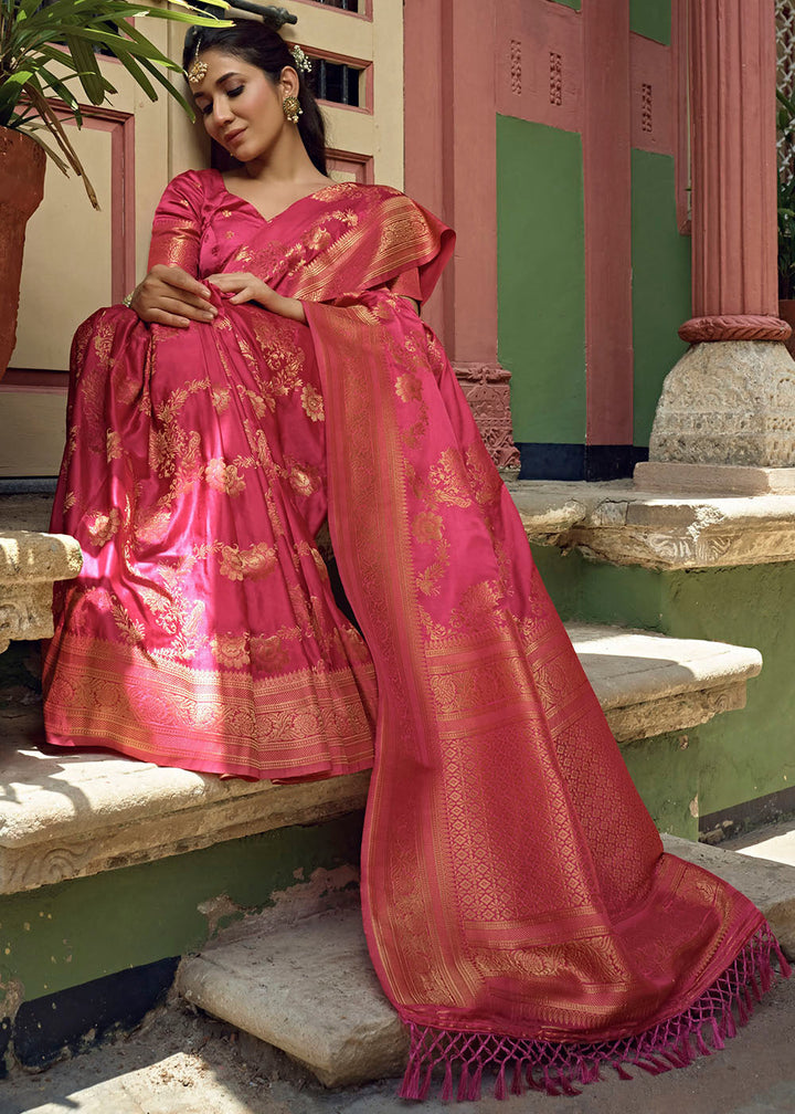 Raspberry Pink  Woven Designer Satin Silk Saree
