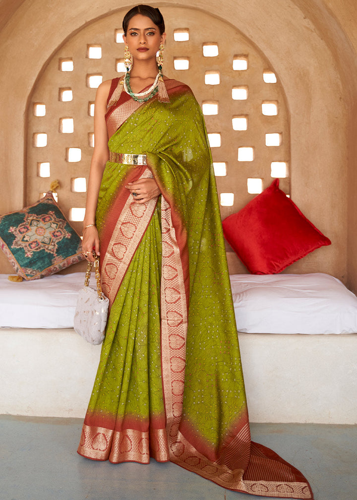 Avocado Green Bandhani Design Silk Saree with Jacquard Border & Pallu
