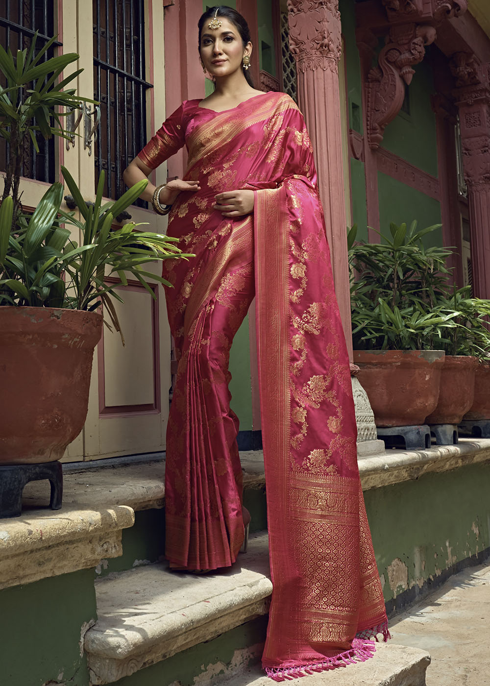 Raspberry Pink  Woven Designer Satin Silk Saree