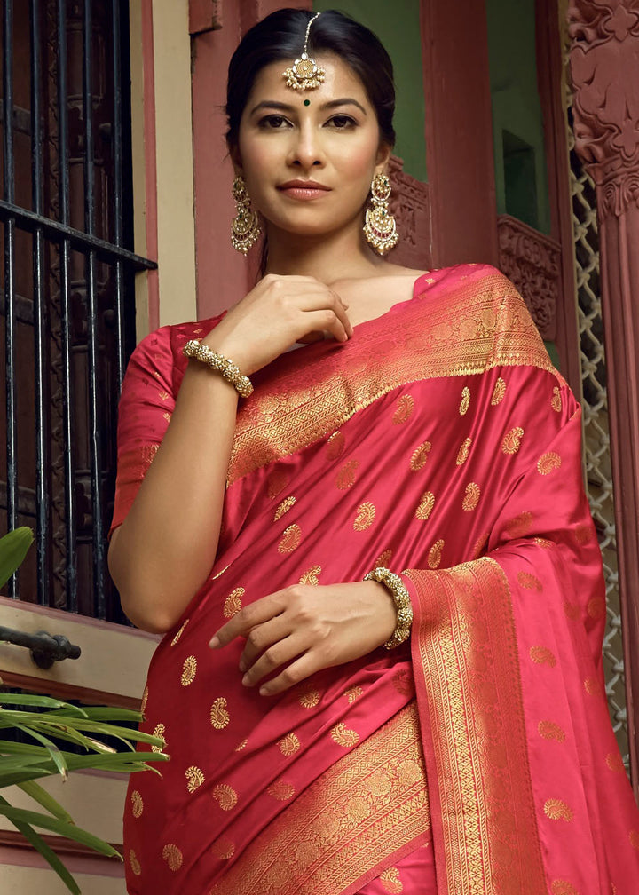 Reddish Pink Woven Designer Satin Silk Saree