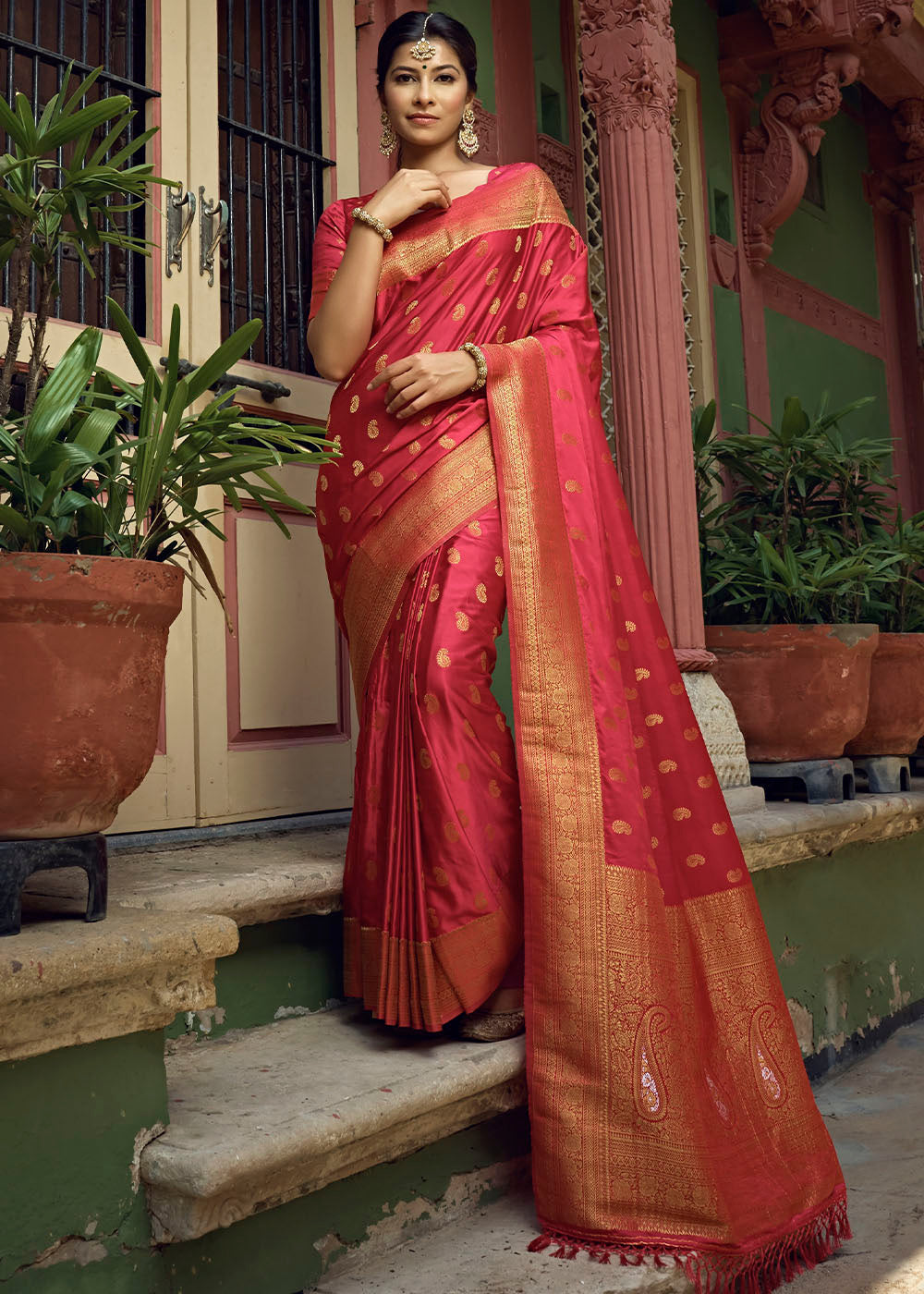 Reddish Pink Woven Designer Satin Silk Saree