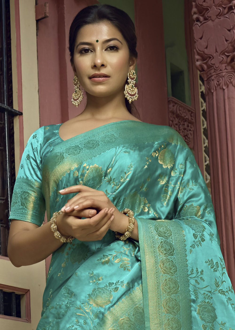 Electric Blue Woven Designer Satin Silk Saree