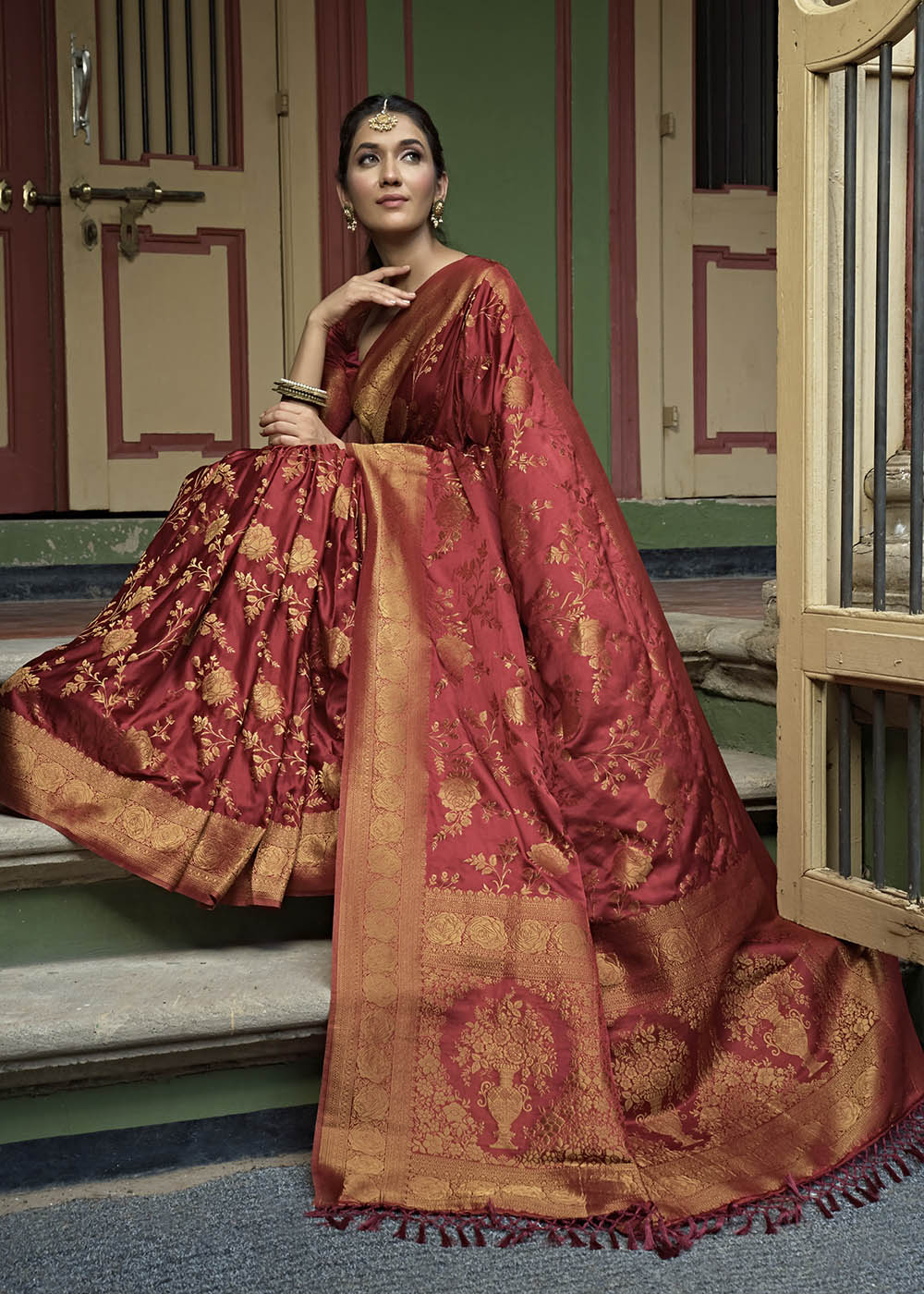 Maroon Red Woven Designer Satin Silk Saree
