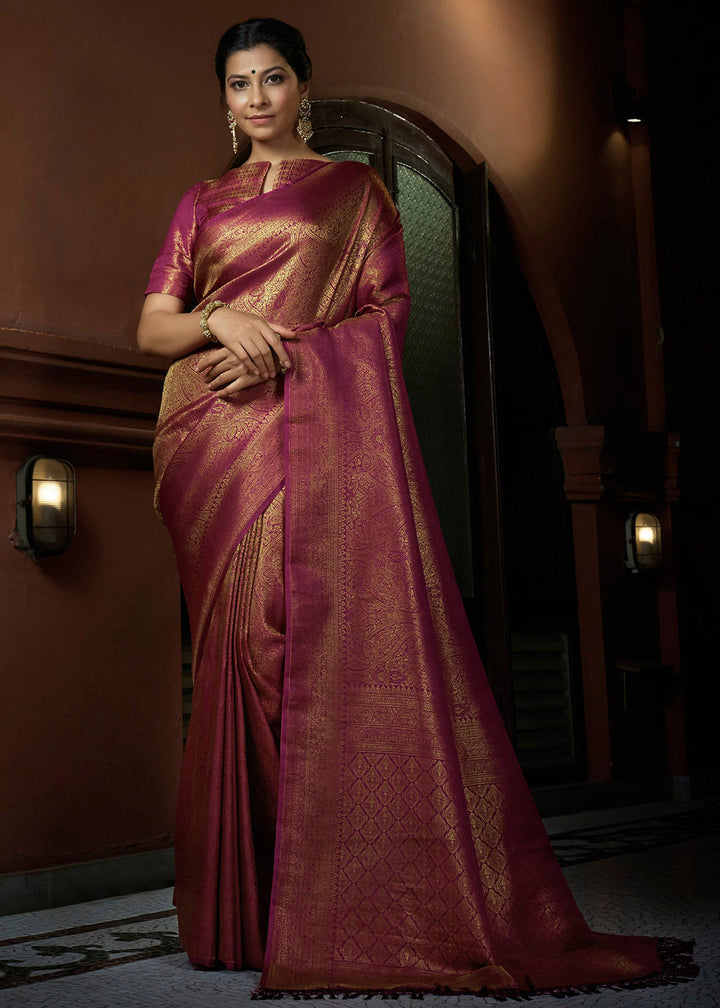 Rosy Magenta Pink & Golden Blend Woven Kanjivaram Silk Saree