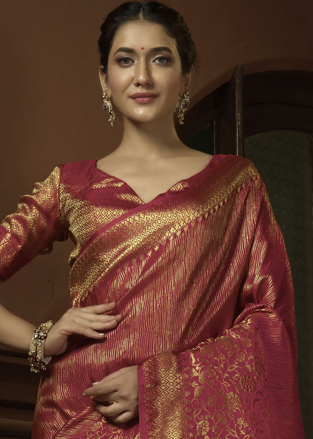 Punch Pink & Golden Blend Woven Kanjivaram Silk Saree