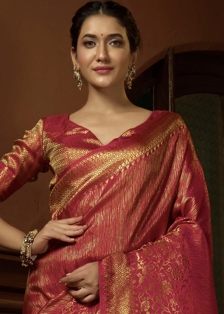 Punch Pink & Golden Blend Woven Kanjivaram Silk Saree