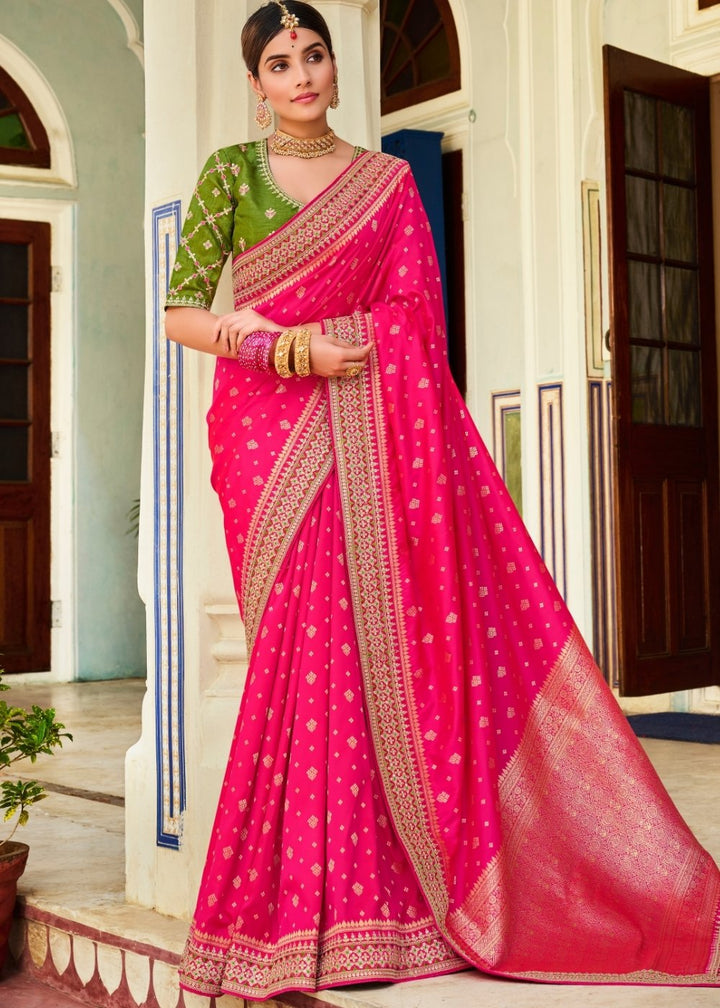 Magenta Pink Woven Banarasi Silk Saree with Embroidered Blouse