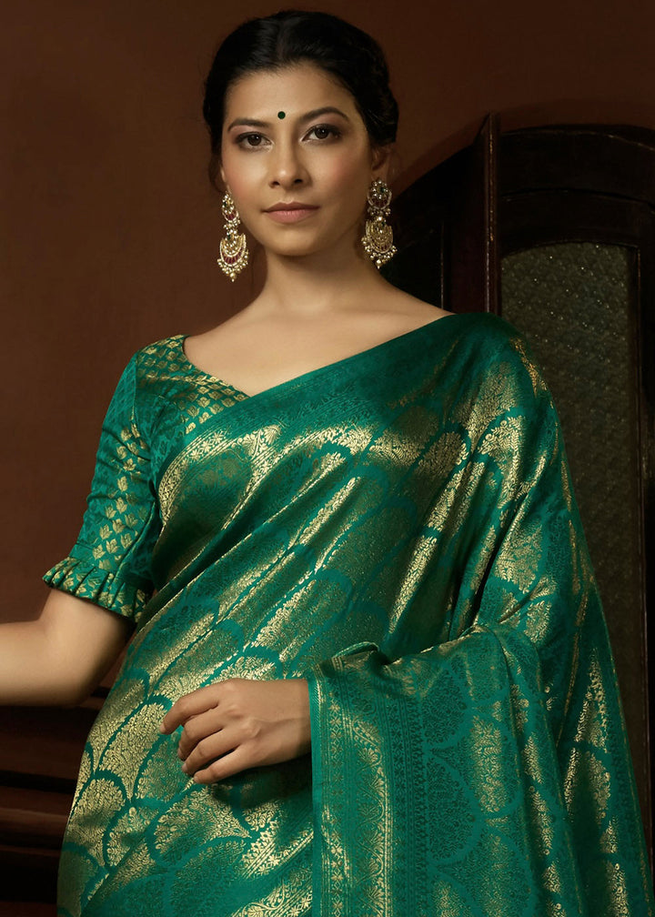 Peacock Green & Golden Blend Woven Kanjivaram Silk Saree