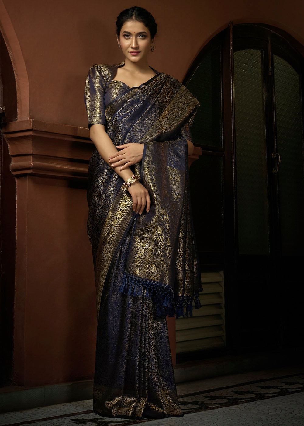 Presidential Blue & Golden Blend Woven Kanjivaram Silk Saree