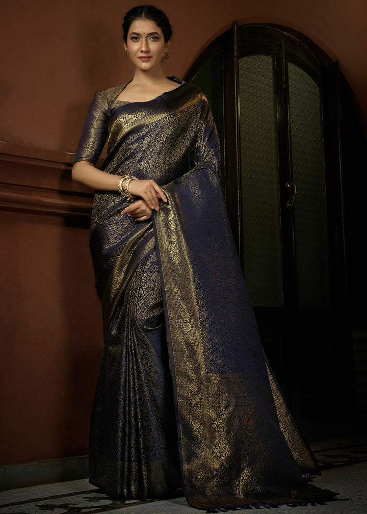 Presidential Blue & Golden Blend Woven Kanjivaram Silk Saree
