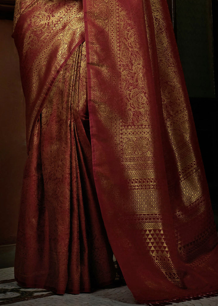 Maroon Red & Golden Blend Woven Kanjivaram Silk Saree