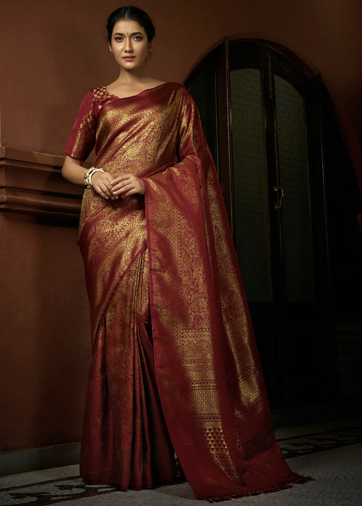 Maroon Red & Golden Blend Woven Kanjivaram Silk Saree
