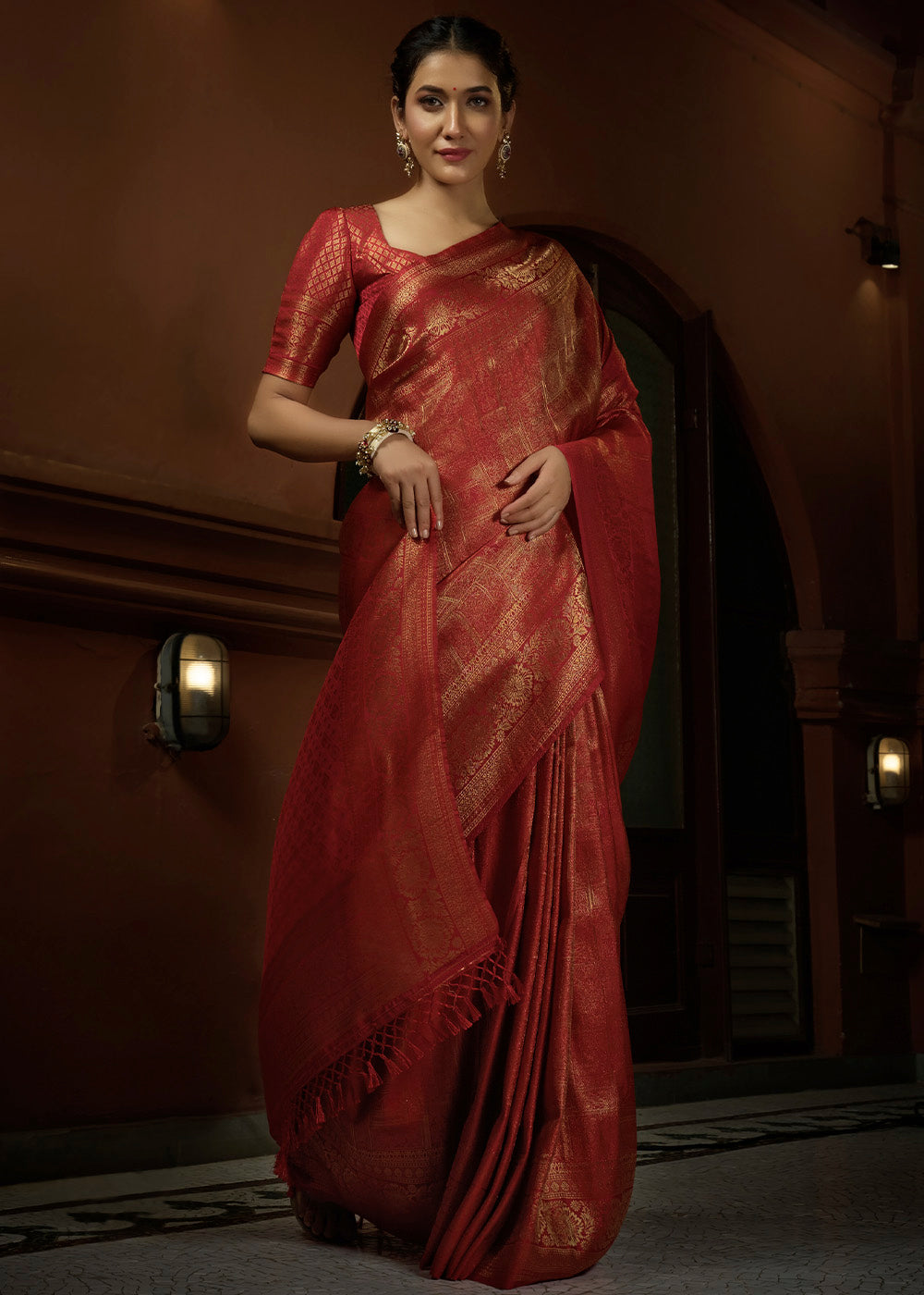 Crimson Red & Golden Blend Woven Kanjivaram Silk Saree