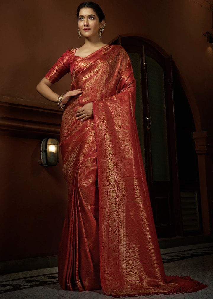Crimson Red & Golden Blend Woven Kanjivaram Silk Saree