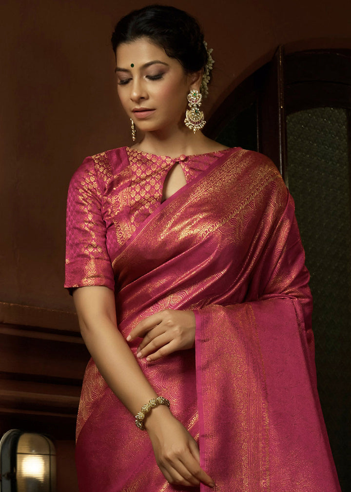 Hot Pink & Golden Blend Woven Kanjivaram Silk Saree