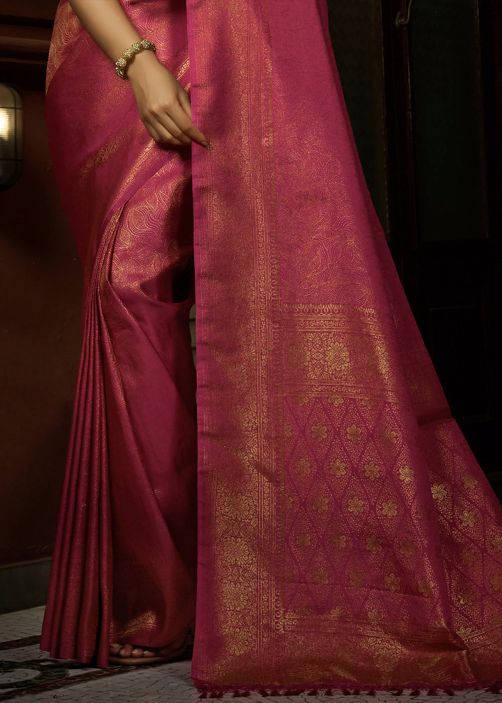 Hot Pink & Golden Blend Woven Kanjivaram Silk Saree