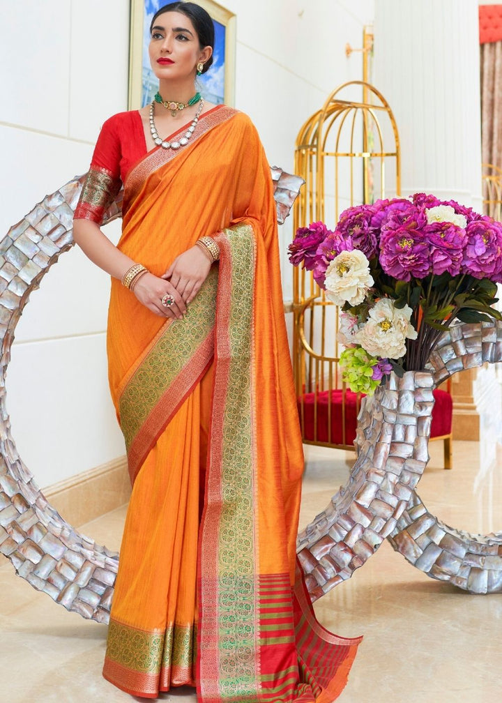 Bright Orange Handloom Woven Silk Saree