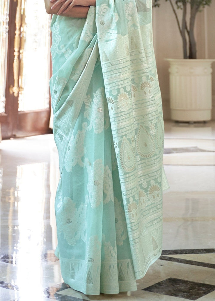 Tiffany Blue Lucknowi Chikankari Weaving Silk Saree