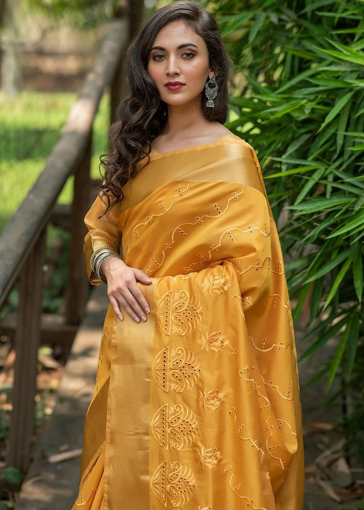 Gold Yellow Assam Silk Saree with Cut-Work Embroidery