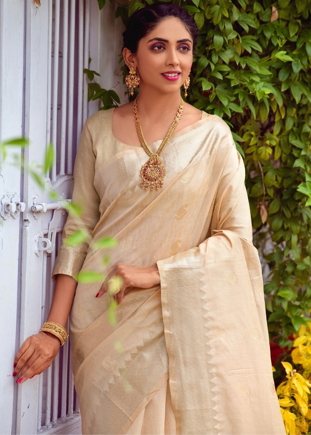 Linen White Assam Silk Saree with Zari Weaving Butti overall