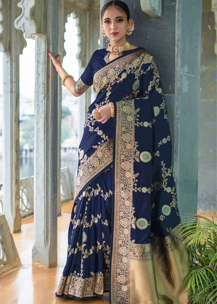 Berry Blue Soft Banarasi Silk Saree with Floral Zari work