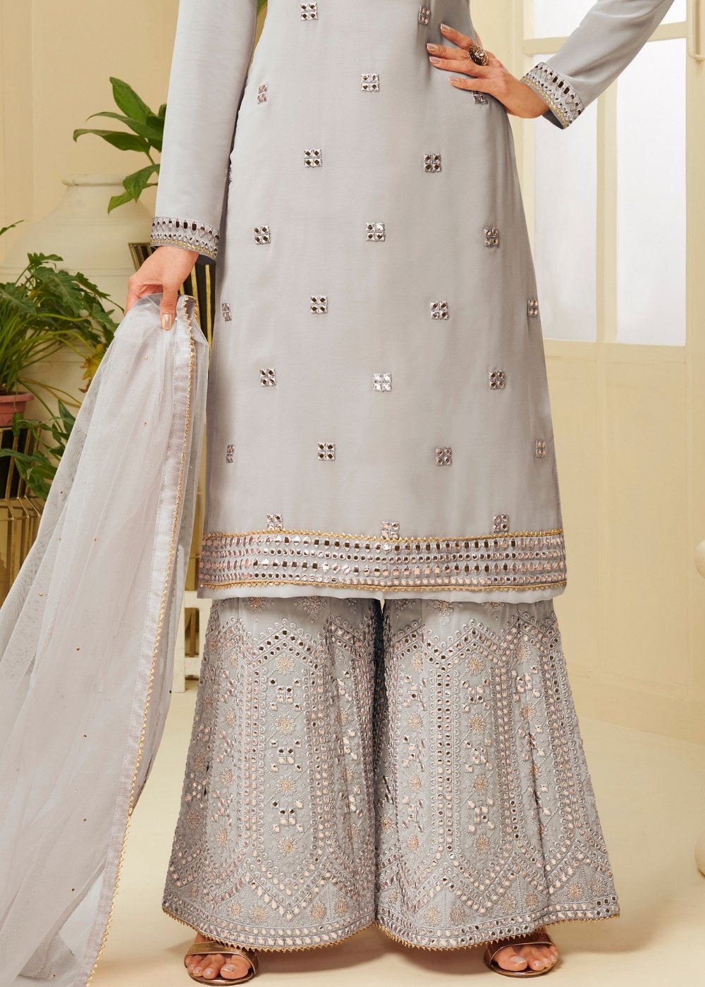 Cloud Grey Georgette Sharara Suit with Gota work & Embroidery