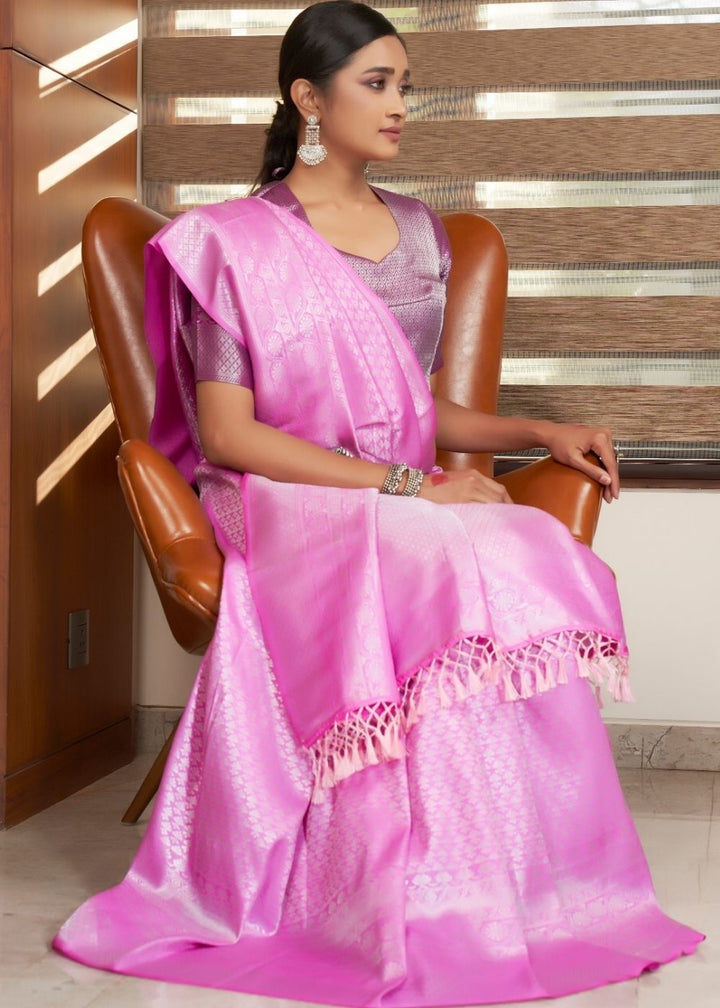 Fuscia Pink Silver Zari work Kanjivaram Silk Saree