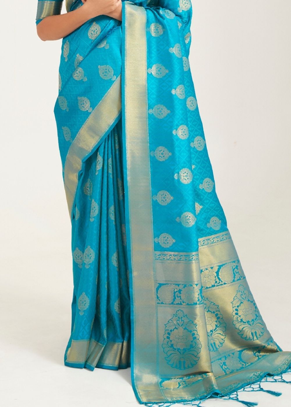 Olympic Blue Zari Butta Woven Banasari Silk Saree