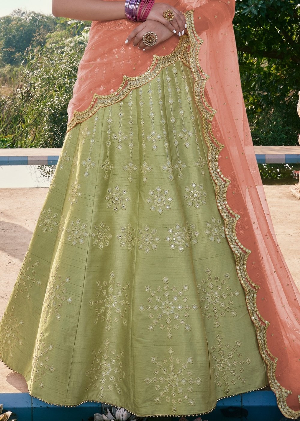 Pista Green Handloom Silk Lehenga Choli with Mirror work & Embroidery