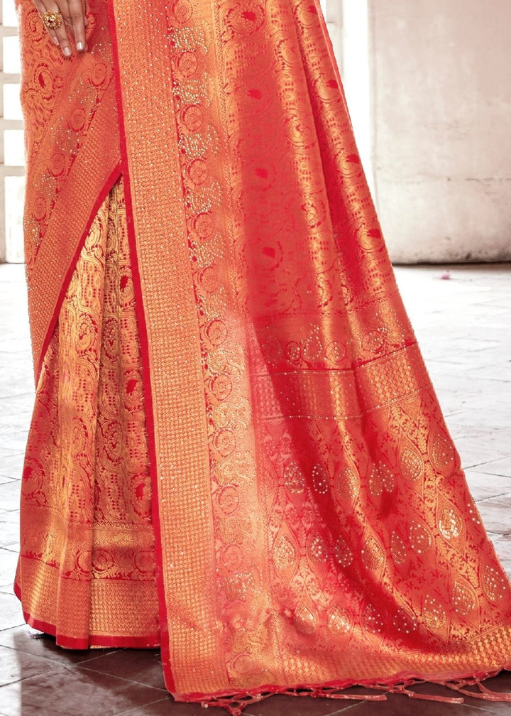 Ferrari Red Handloom Weave Kanjivaram Silk Saree with Swaroski work