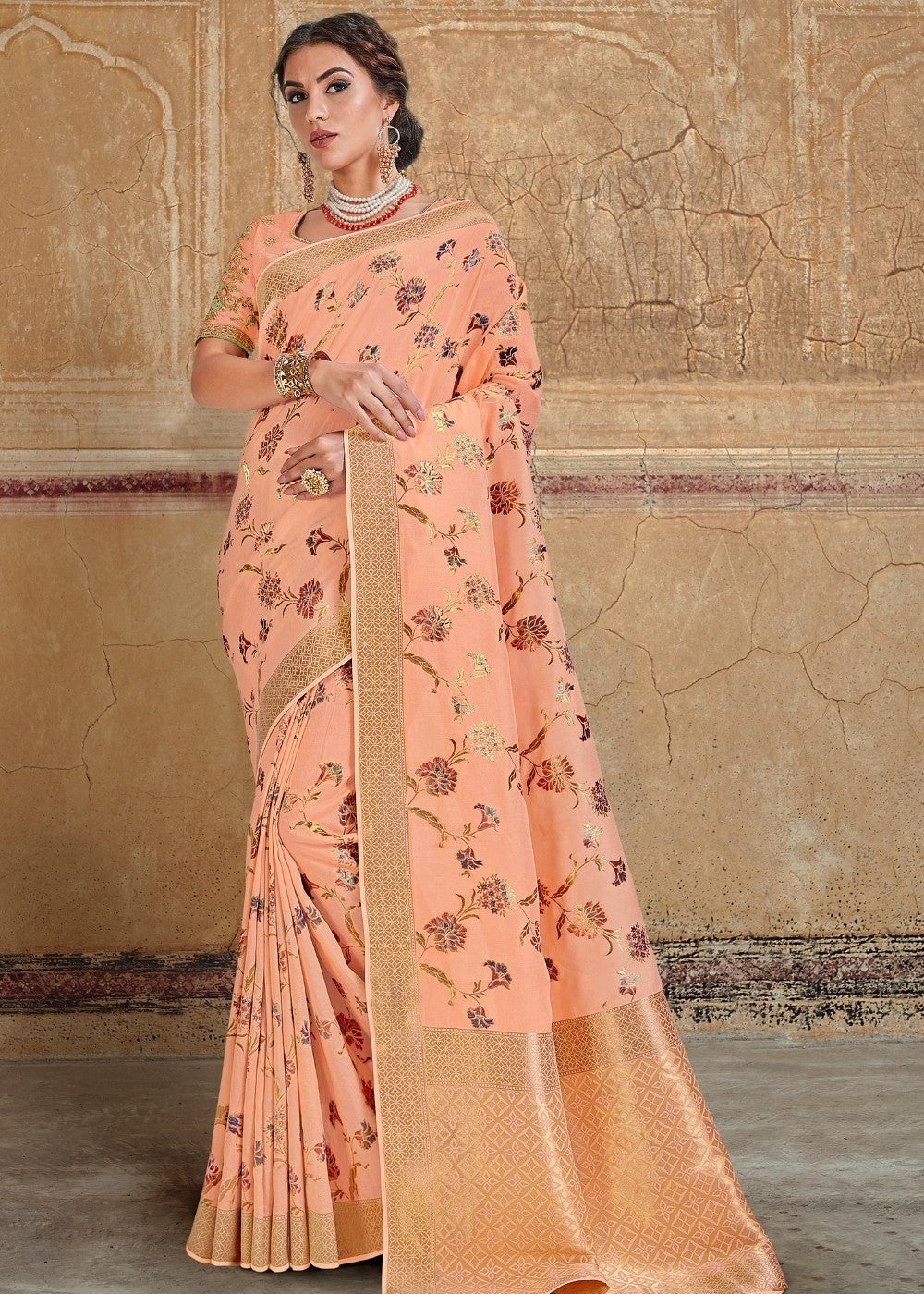 Peach Blended Silk Saree with Golden Border