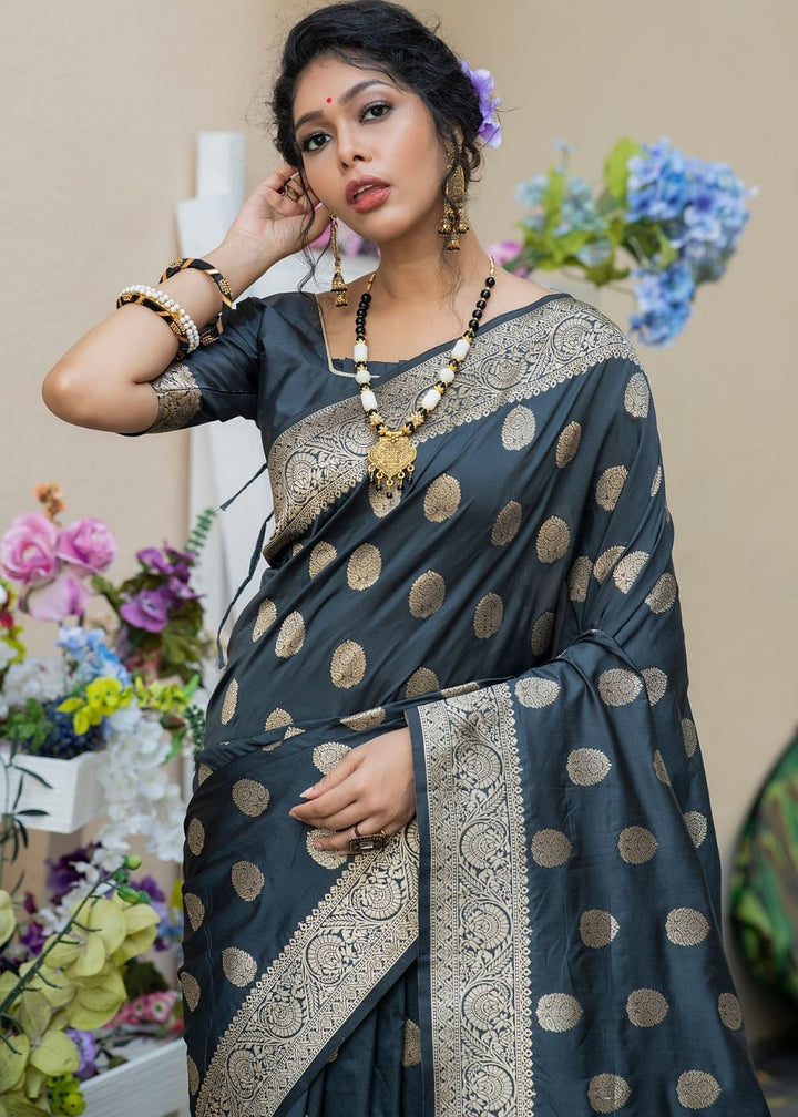 Iron Grey Soft Banarasi Silk Saree with overall Butti