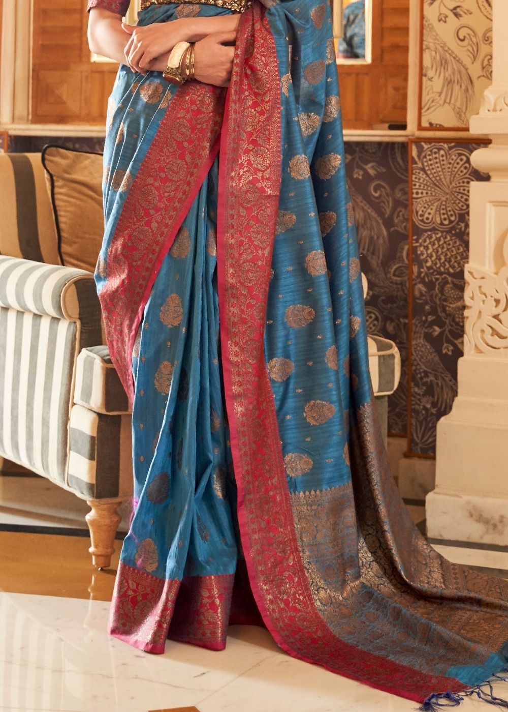 Yale Blue Woven Banarasi Tussar Silk Saree