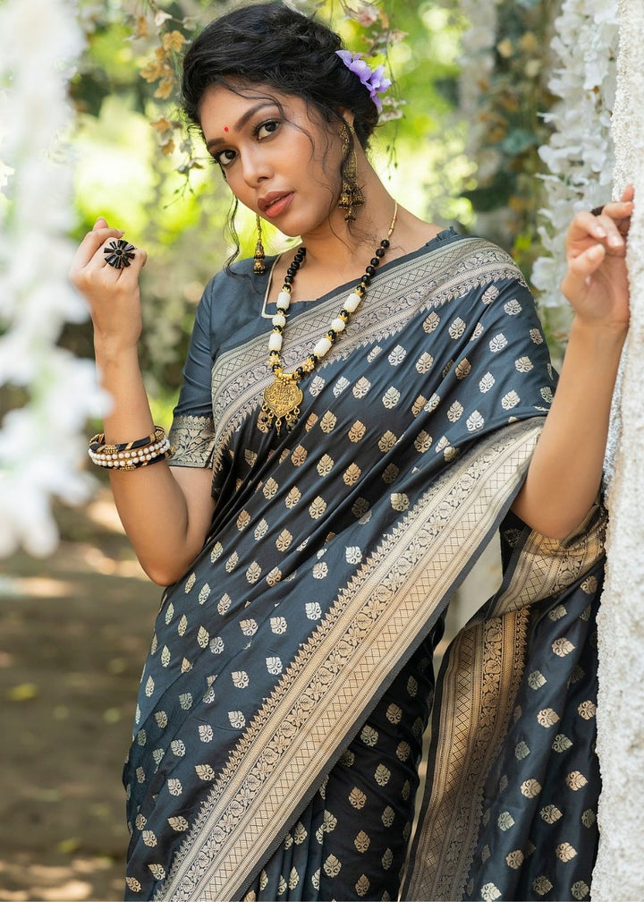 Anchor Grey Soft Banarasi Silk Saree with overall Butti
