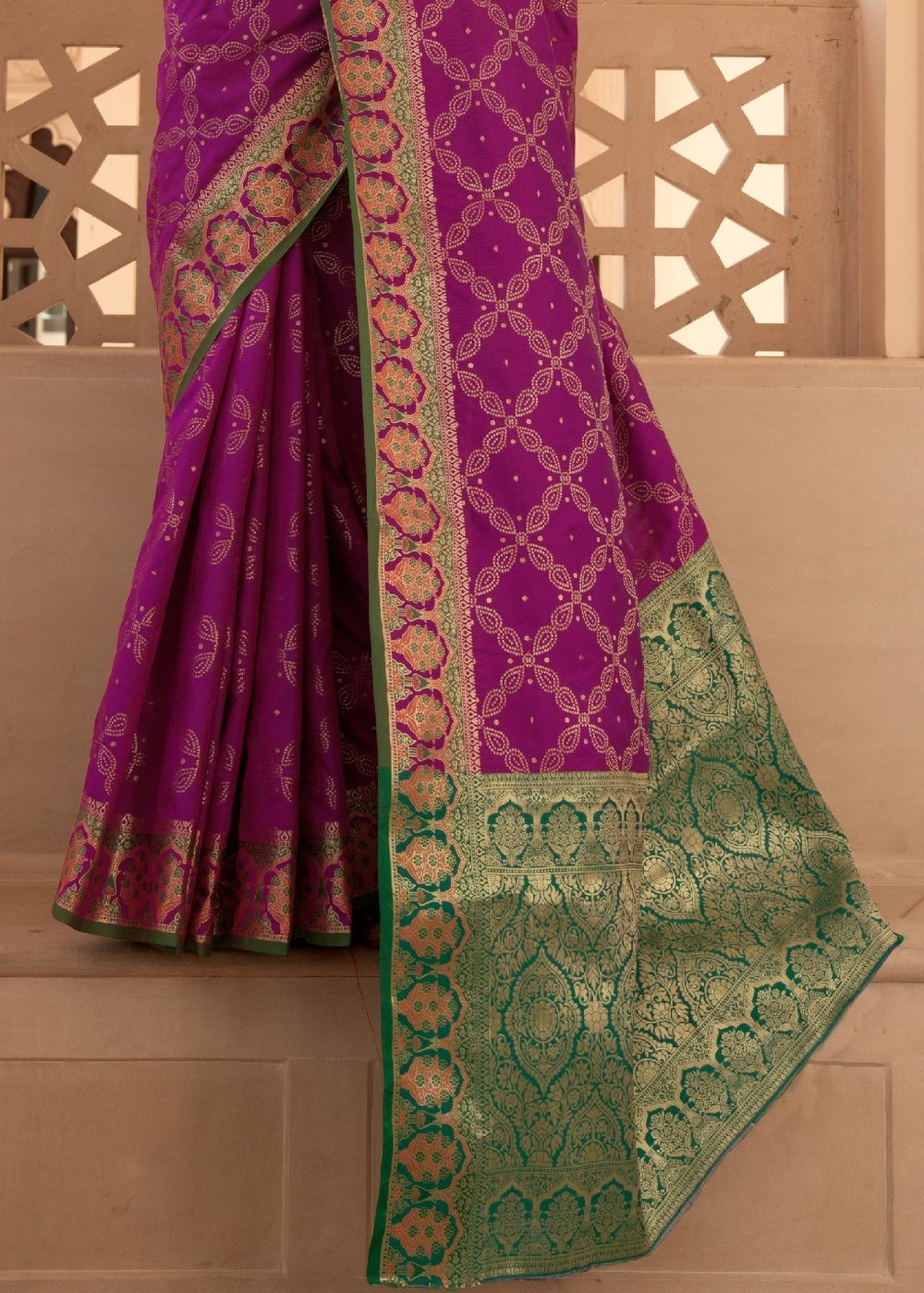 Lollipop Purple Woven Soft Banarasi Silk Saree with Contrast Pallu & Blouse