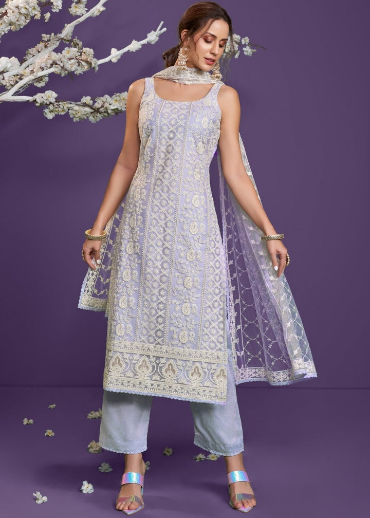 Periwinkle Purple Net Lucknowi Salwar Suit with Cotton Thread Embroidery & Sequence work