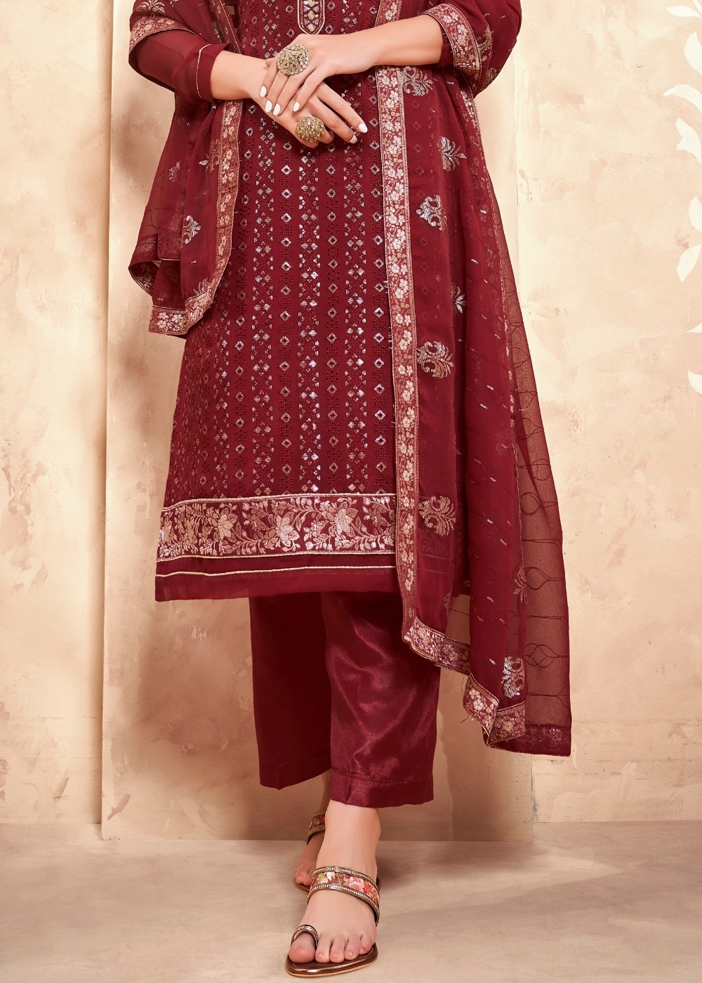 Maroon Red Georgette Salwar Suit with Thread & Sequence Embroidery work