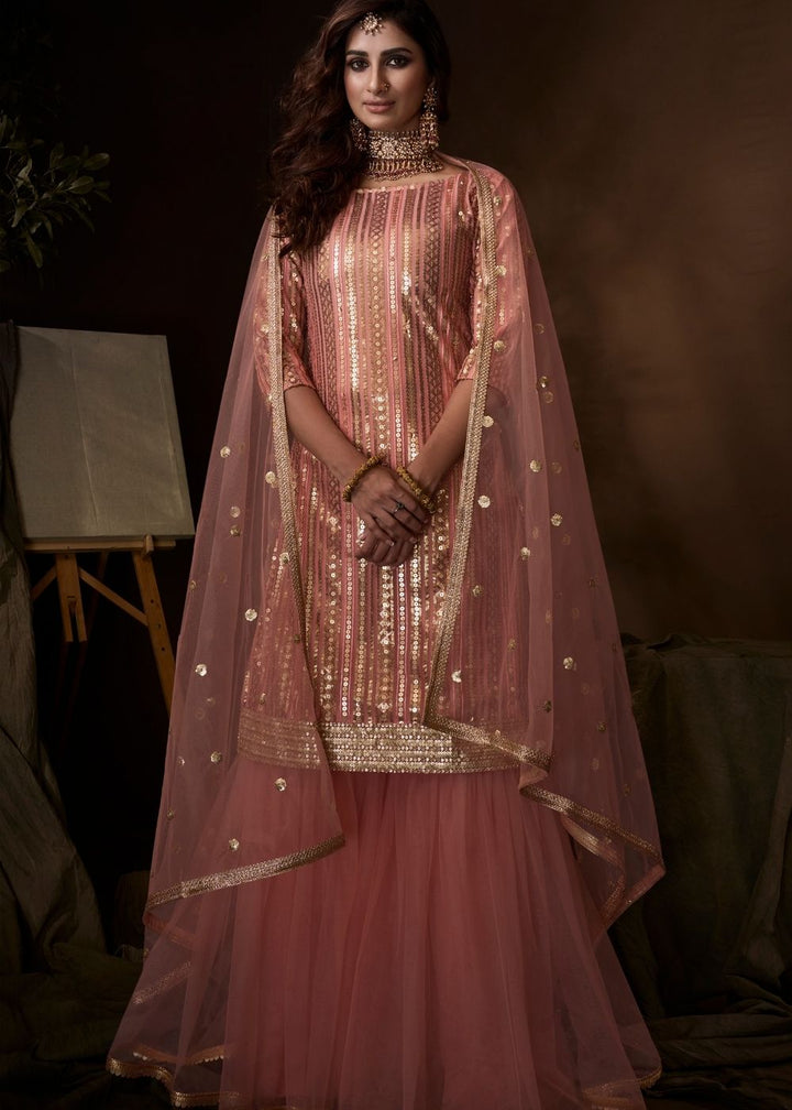 Rouge Pink Designer Soft Net Sharara Suit with Sequin, Thread and Dori work