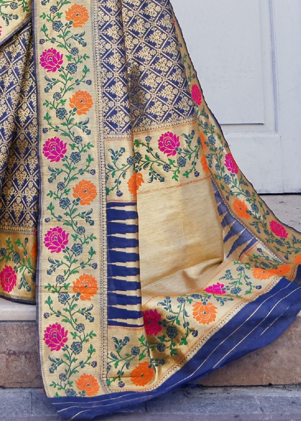Azure Blue and Golden Blend Silk Saree with Floral Woven Border and Pallu