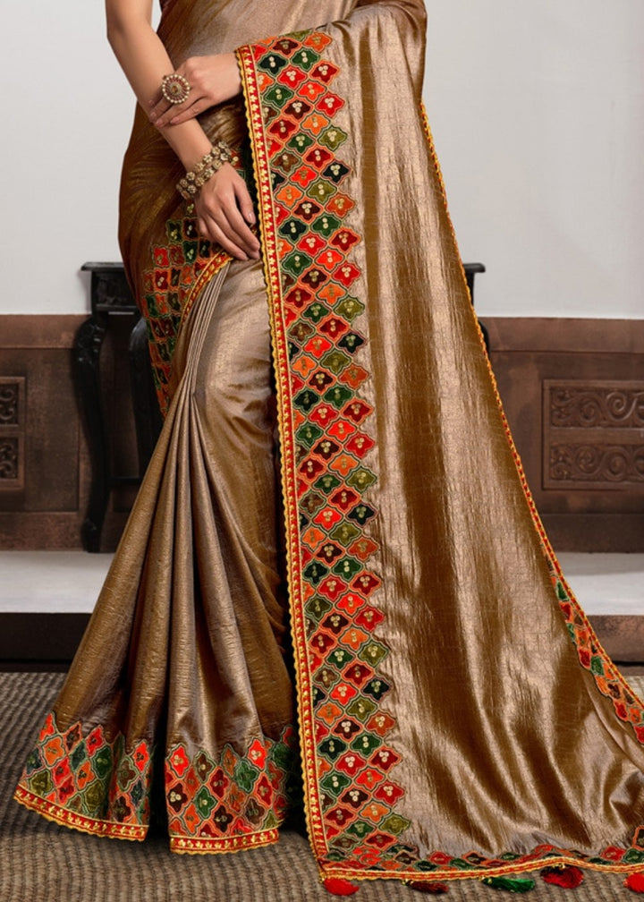 Tobacco Brown Satin Silk Saree with Multi Color Applique work